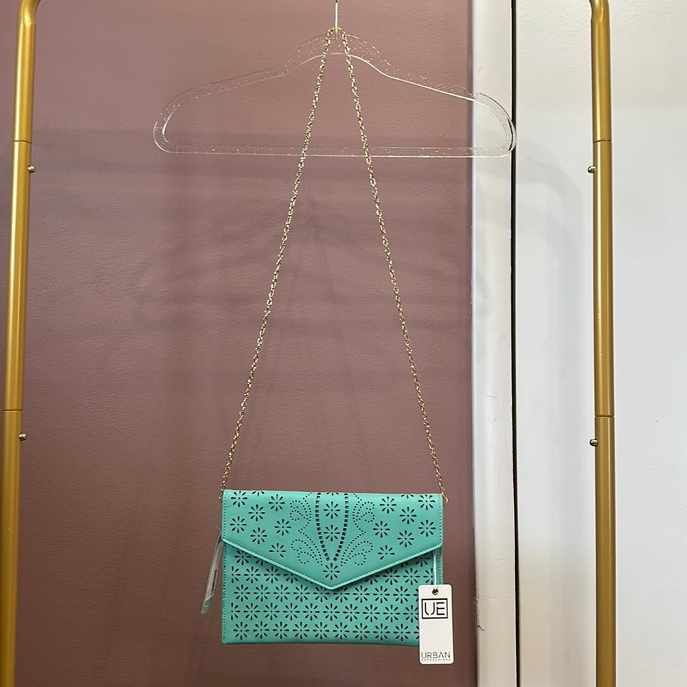 Mint Lasercut Clutch with Detachable Gold Strap